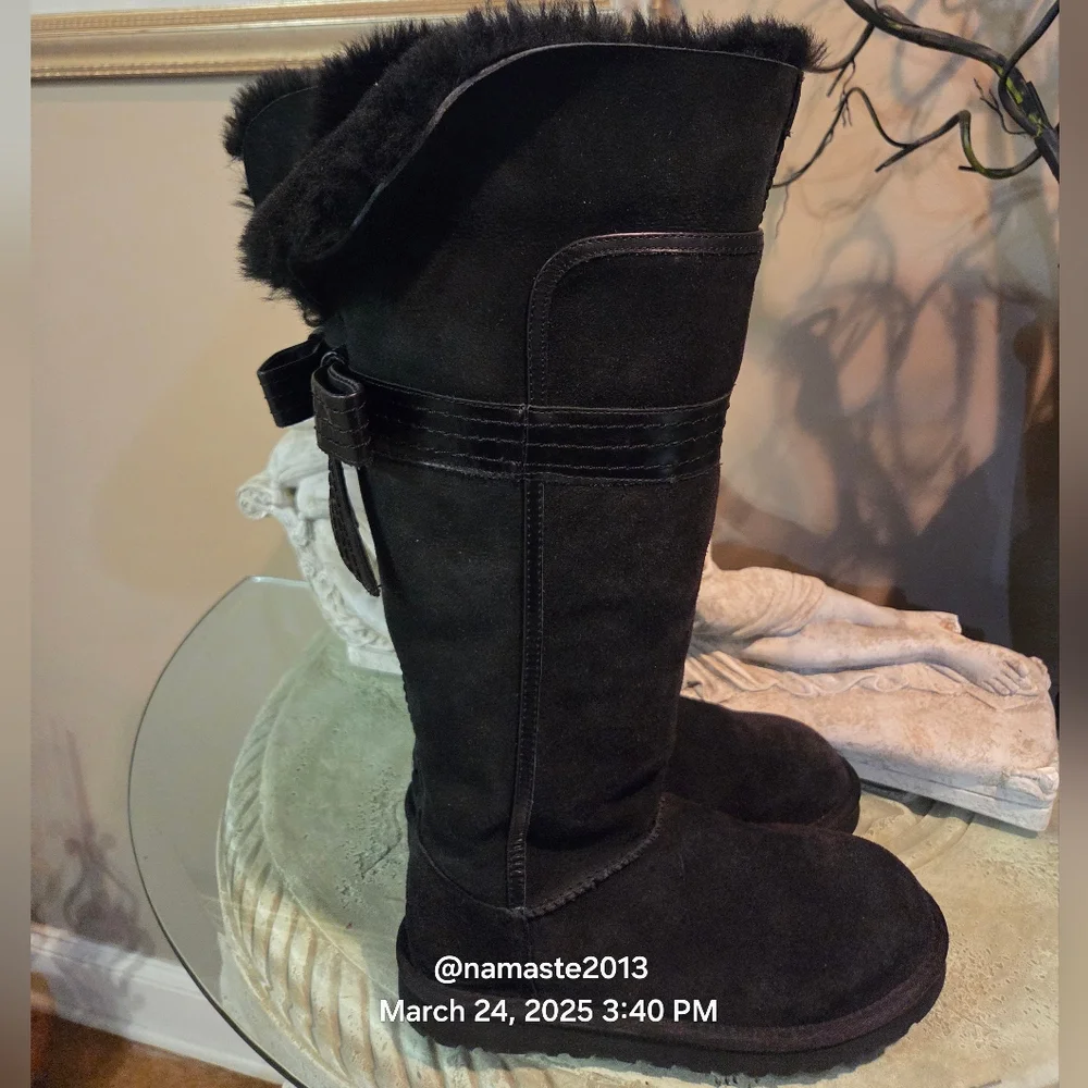 Ugg Genevieve Over The Knee Boots Suede Leather Fur Bows Designer Luxury #159
